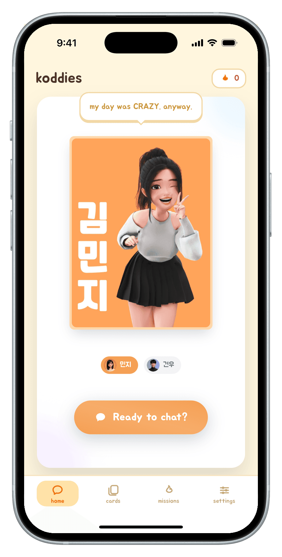 Koddies app - Minji home screen